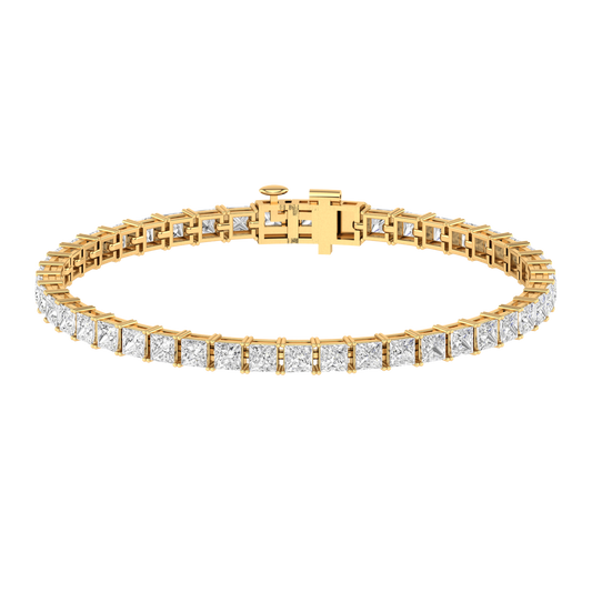 yellow gold tennis line bracelet with princess cut ethical & sustainable lab grown diamonds set using prongs
