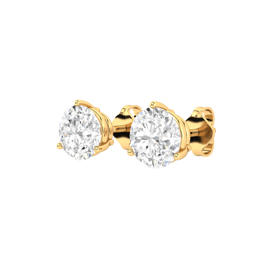 angled view of yellow gold stud earrings with round brilliant lab grown diamonds in a basket setting