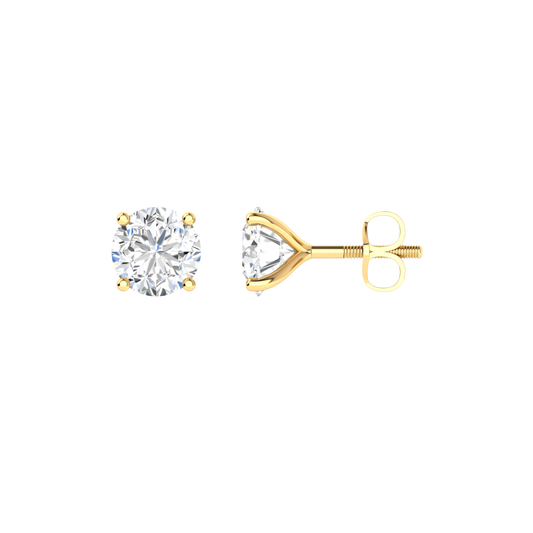 front and side view of yellow gold stud earrings with round brilliant lab grown diamonds in a martini setting