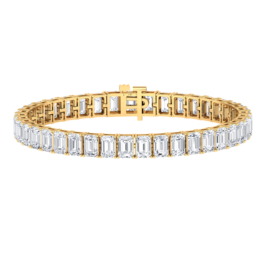 yellow gold tennis line bracelet with emerald cut ethical & sustainable lab grown diamonds set vertically using prongs