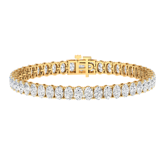 yellow gold tennis line bracelet with oval cut ethical & sustainable lab grown diamonds set vertically using prongs